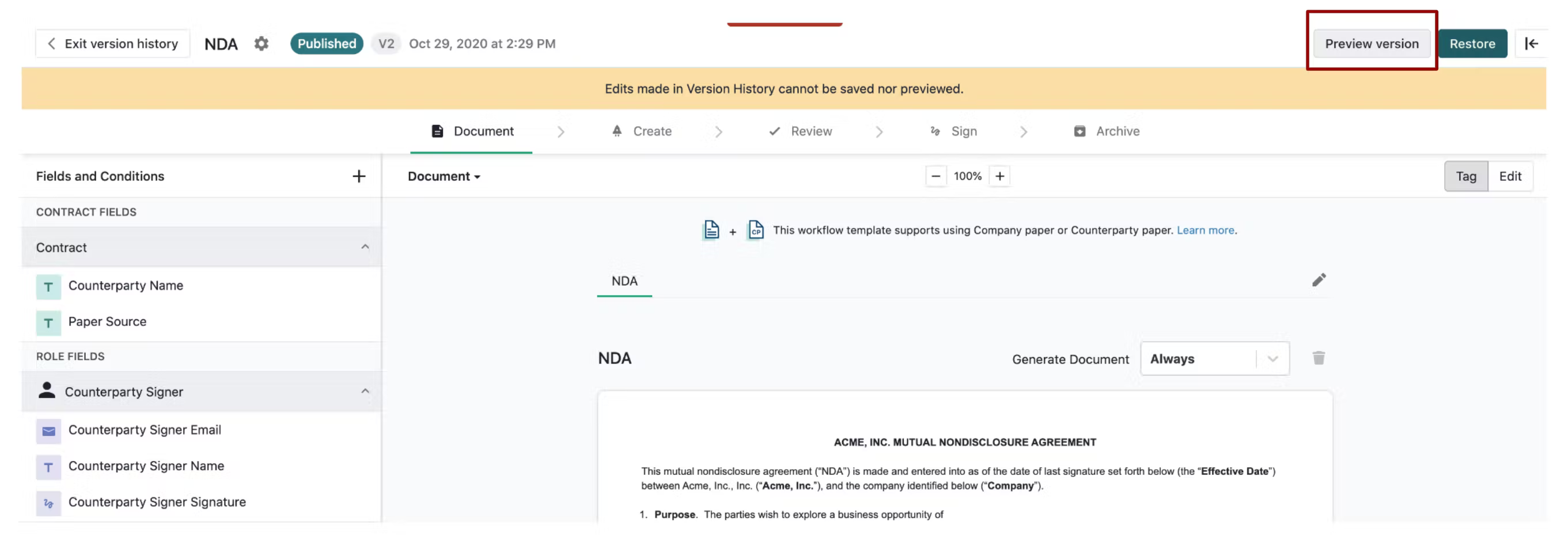 Manage Version History Ironclad