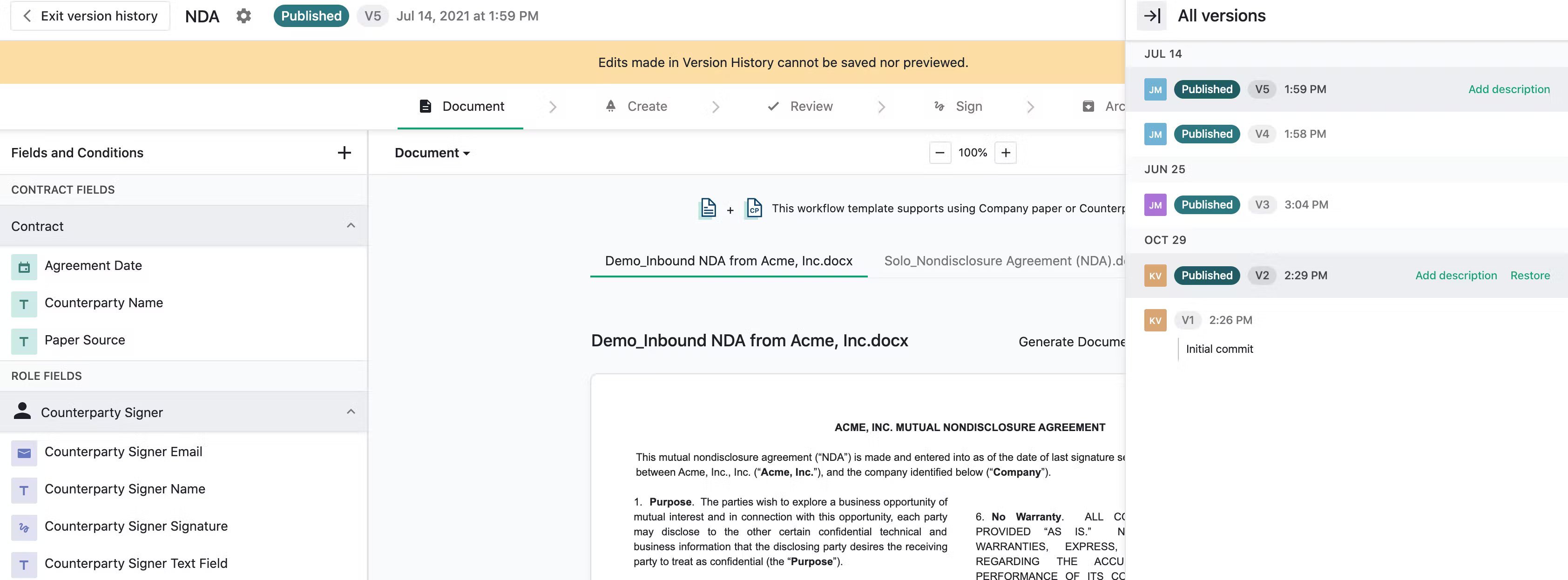 Manage Version History Ironclad