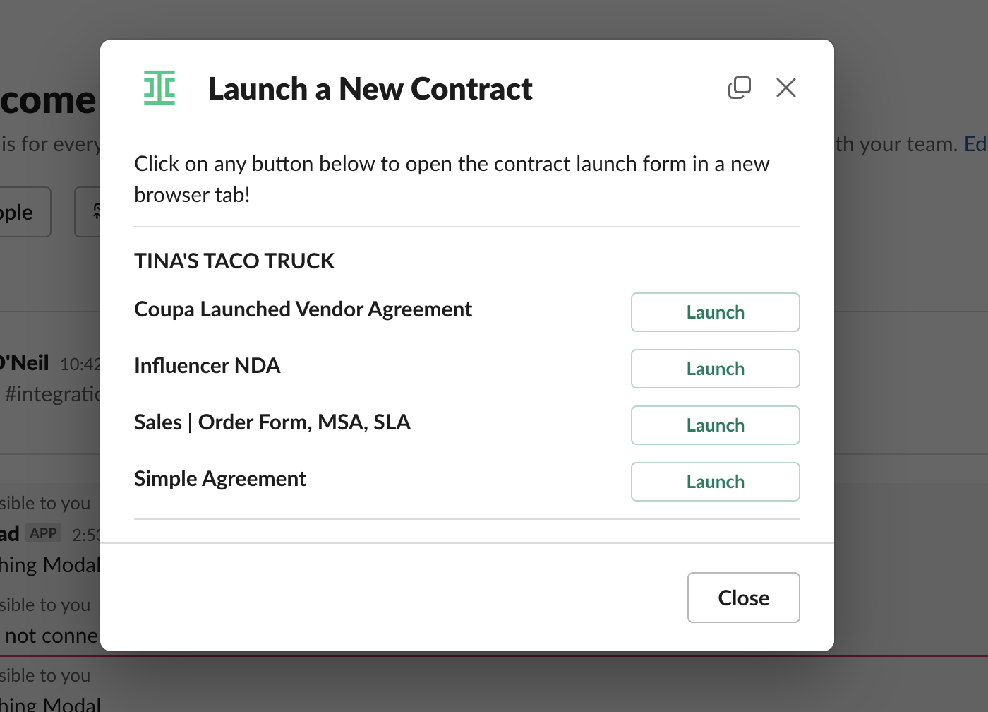 An image of the Launch Contracts modal that displays when you launch a workflow in Slack.