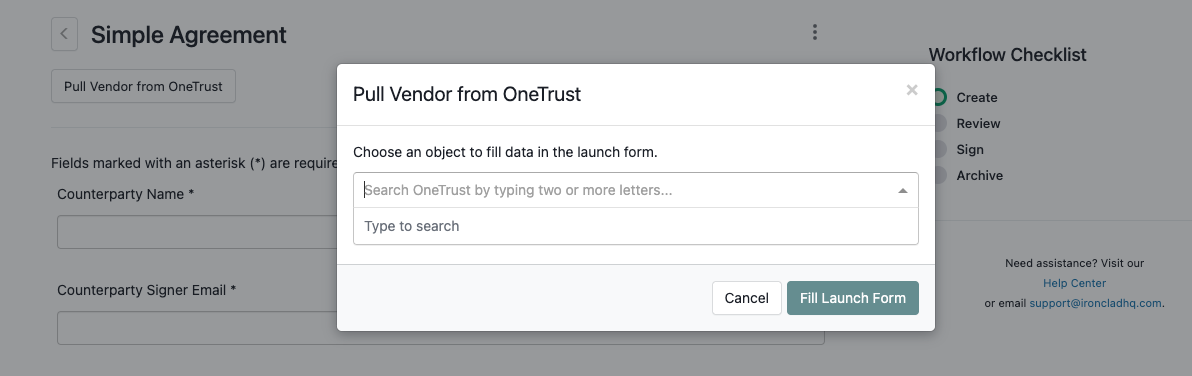 This image displays the modal in Ironclad to pull a vendor from OneTrust.
