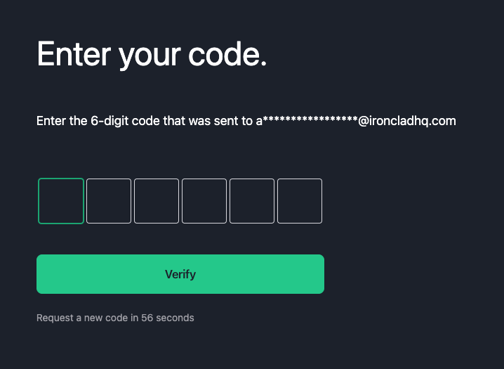 An image of the modal where you enter the code your were emailed.