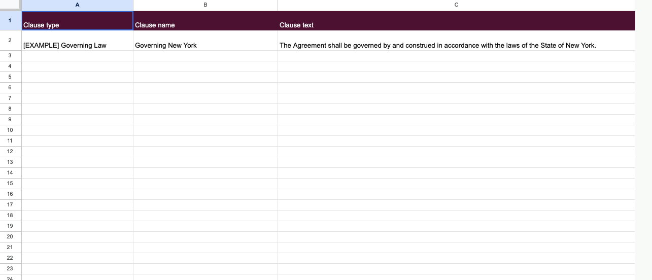 Image of clause import spreadsheet template with rows and columns for entering clause data.