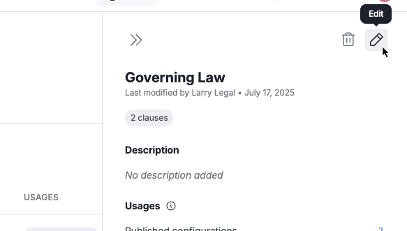 Cursor hovering over Edit icon indicated by a pencil in the top right corner of clause type.