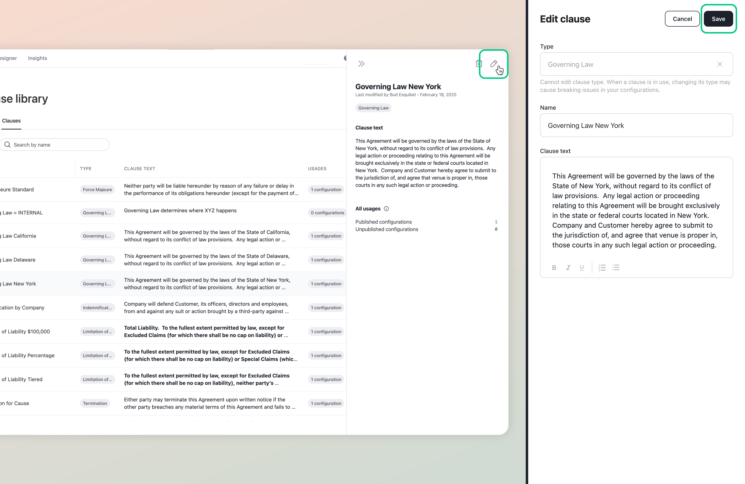 Edit clause modal with the Save button highlighted.