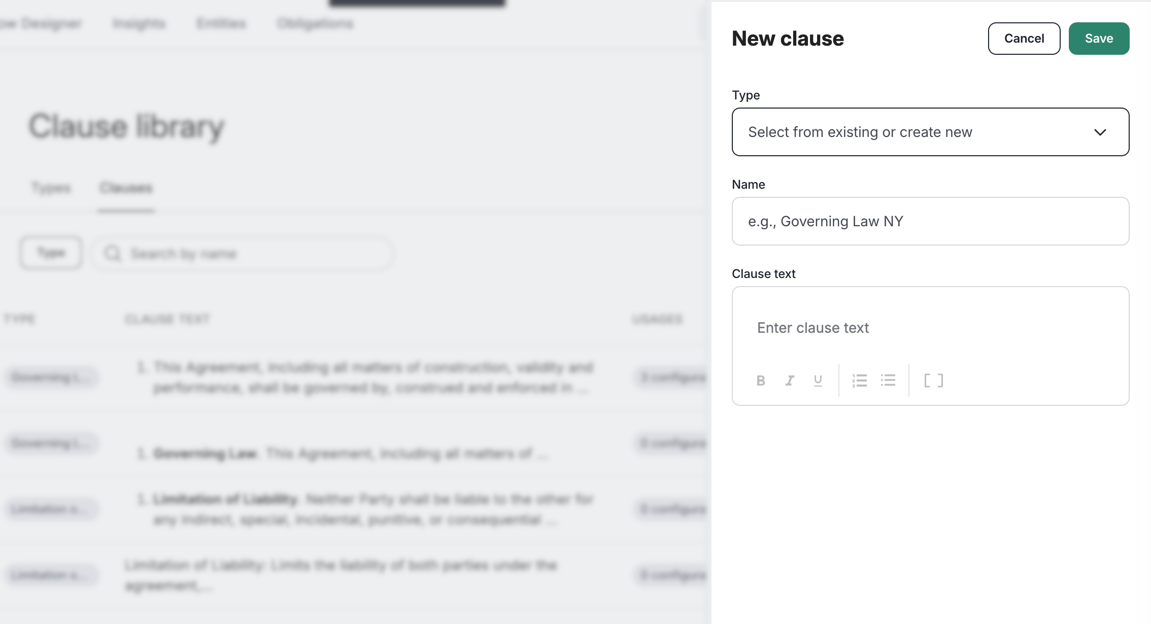 New clause modal displaying the Type, Name, and Clause text fields.