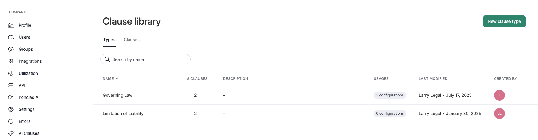 Types tab in the Clause Library.