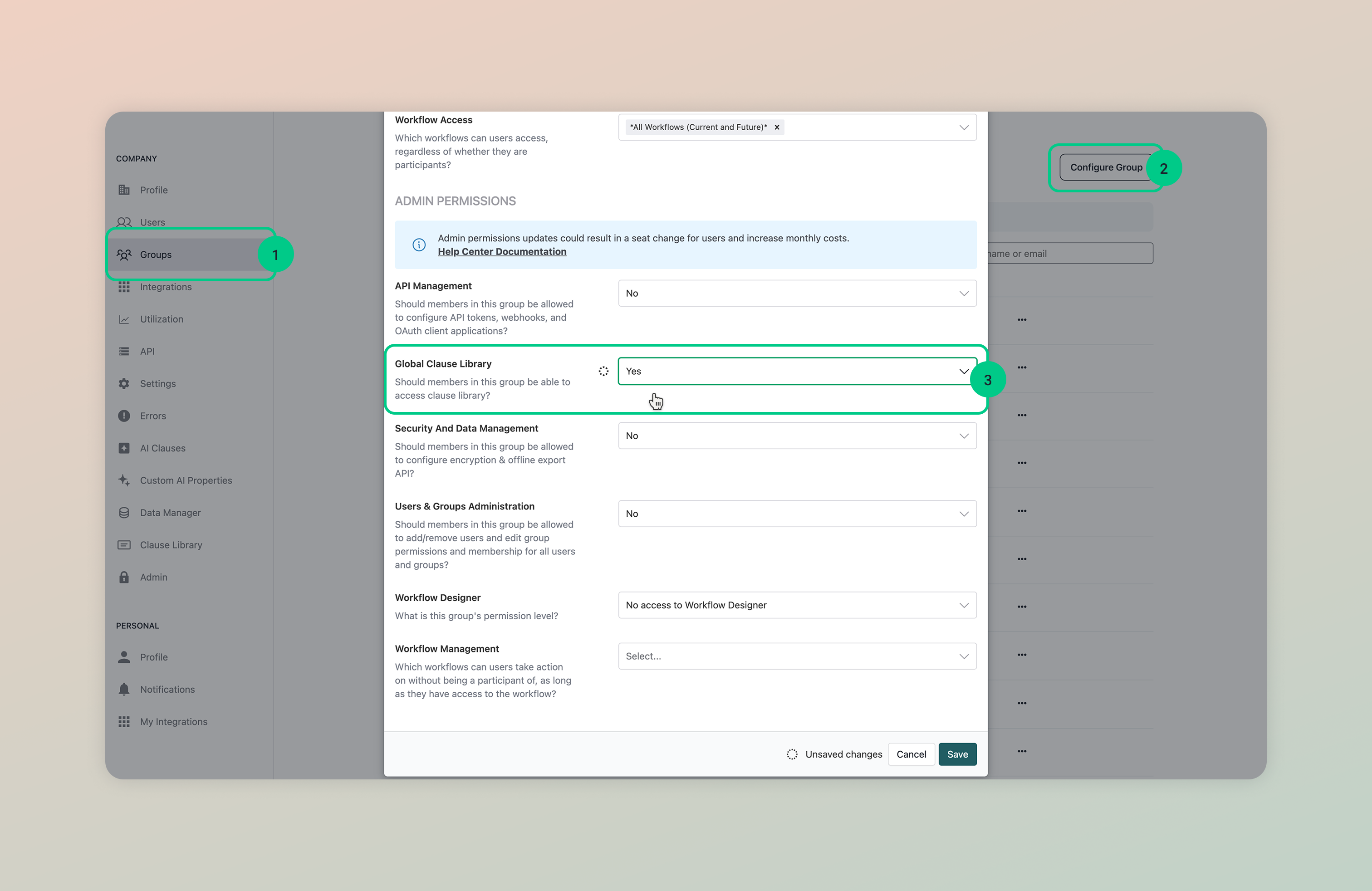 Group permissions modal. The Global Clause Library permission is highlighted.
