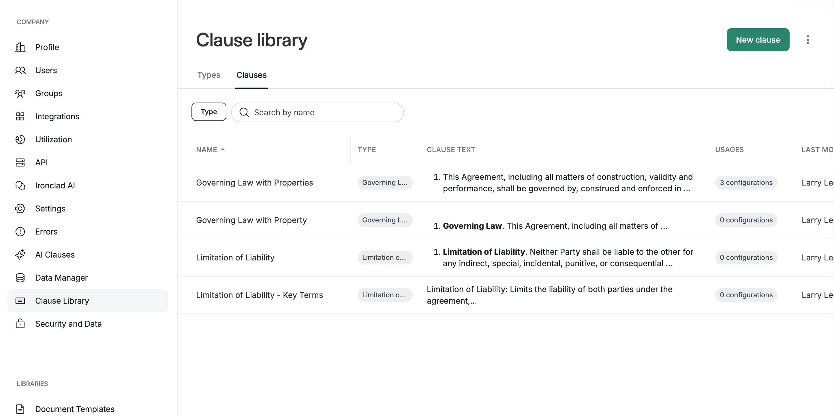 Clause library page. Four clauses are listed out.