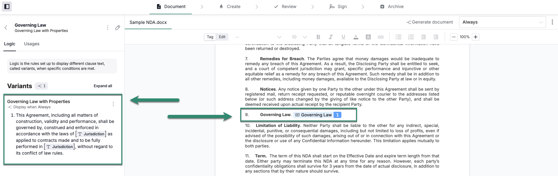 A clause highlighted within a document in Workflow Designer. The clause panel is expanded on the left and the same clause is highlighted.