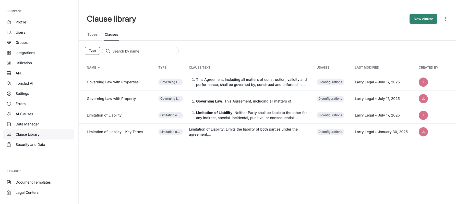 Clauses tab in the clause library.